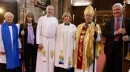 Rev Catherine McBride with Church Wardens Geoff Oakes and Val Creasey, Reader Dr David Jones and Archdeacon The Ven Paul Thomas and Bishop